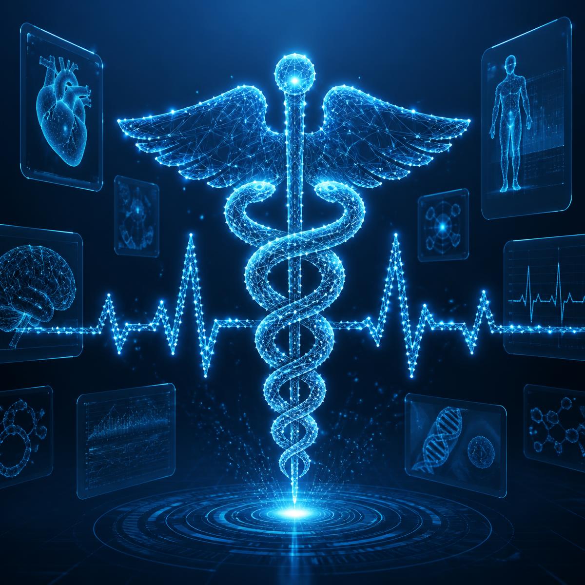 Global healthcare AI data network with medical accreditation icons